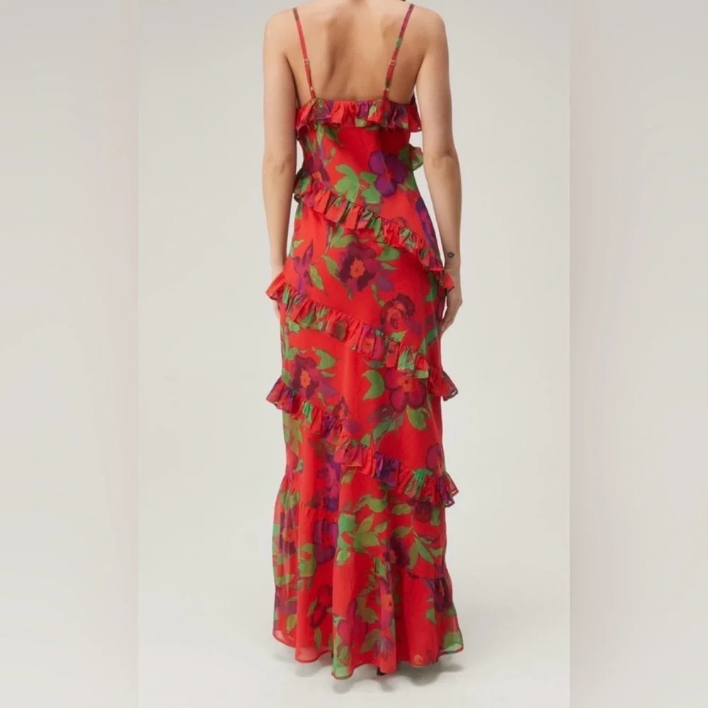 Nasty Gal Red Floral Ruffle Chiffon Maxi Dress Size 6 - Picture 2 of 7